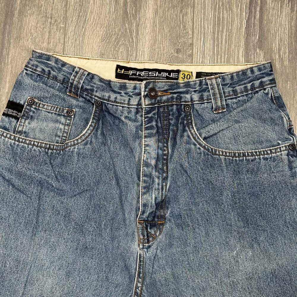 Vintage Fresh Jive Blue Baggy Wide Leg Jeans Thrashed Size 30x28 Skater Rave Y2K - Picture 3 of 9